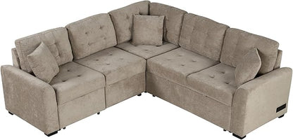 82" Convertible Sleeper Sofa with Pull-Out Bed,L-Shape Chaise Couch W/USB Ports & Power Sockets,Space Saving,Easy Assembly,Modern Corner Reversible Furniture Set for Living Room,Khaki Velvet
