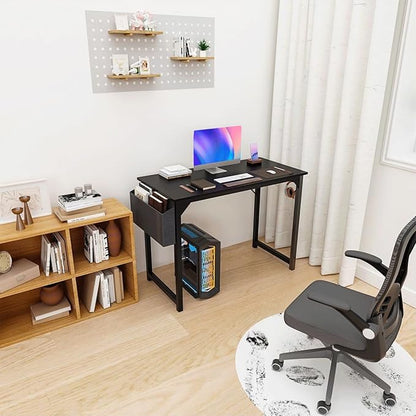 40 Inch Desk Office with Storage, Modern Simple Style Gaming Computer Table for Youth Student Adult, Metal and Wood Home Office Furniture, Black