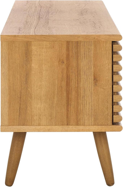 SAFAVIEH Averi TV Stand for up to 65" Flatscreen – Rustic Oak, 2 Sliding Doors with Interior Storage, 2 Open Shelves, Entertainment Media Console (MED9637C)