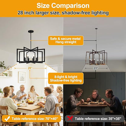 28" Modern Large Black Chandelier for Dining Room (8-Light, 28-Inch), Geometric Black Dining Room Light Fixture Over Table, Industrial Metal Hanging Pendant Lights for Kitchen Island, Entryway, Foyer