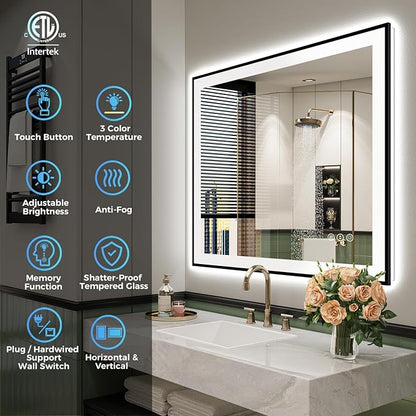 36x30 Inch LED Bathroom Mirror with Lights (Front Lit and Backlit) Black Framed Lighted Vanity Mirror for Bathroom Wall Dimmable Anti-Fog Memory Tempered Glass Horizontal/Vertical