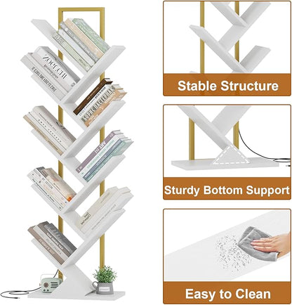 Tree Book Shelf with LED Lights, 9 Tier Floor Standing Bookcase, Classical Corner Shelf Kids Bookshelf, Tall Wood Book Storage for Bedroom, Living Room, Home Office, White