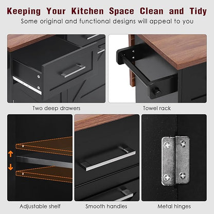 Ball & Cast Farmhouse Kitchen Island with Drop Leaf,Rolling Kitchen Cart on 5 Wheels W/Removable Side Racks and 2 Drawers,Kitchen Storage Cart W/Towel Rack,for Kitchen,Dining Room,Black,47.2"