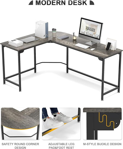 Teraves Modern L Shaped Gaming Desk 66'' Corner Computer Desk for Home Office Gaming Table Study Writing Workstation for Small Space, Easy to Assemble