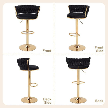 VECELO Bar Stools Set of 2, Adjustable Barstools Counter Height Stools with Back and Arm, Velvet Woven Kitchen Island Stools w/Gold Metal Leg & Base, 360° Swivel Bar Chair for Pubs Dining Room, Black