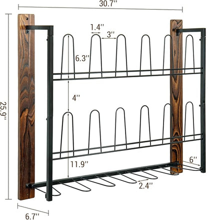 MyGift Premium Black Metal Hanging Wall Shoe Rack for Walk in Closet, Mudroom and Entryway, Wall Mounted Space Saving Boot and Shoe Rack Organizer, Holds 9 Pairs (Solid Wood, 9 Pairs)