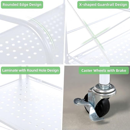 Foldable 3-Tier Metal Shelf with Wheels - Folding Bookshelf Unit for Living Room, Kitchen, Study 12.6" D x 23.6" W x 33.8" H, Glossy White
