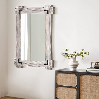 MeMoreCool Farmhouse Rustic Wood Framed Bathroom Mirror, Decorative Wall Mounted Rectangular Mirror for Bedroom, Living Room, or Bathroom, 24x36 Inch, White