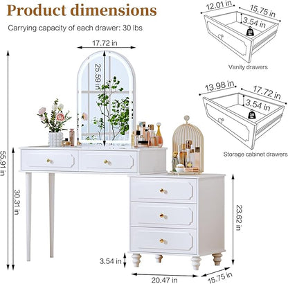 White,Vanity Desk with Mirror and Lights,Makeup Vanity with Power Outlet and Adjustable Cabinet,Modern Makeup Table with 3 Drawers for Bedroom Makeup Room