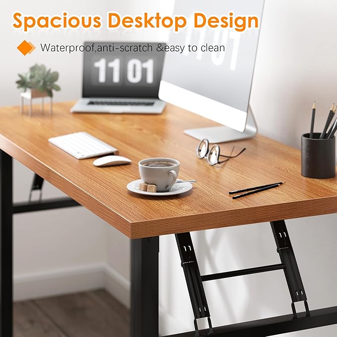 Need Office Computer Desk - 54.3L Sturdy and Heavy Duty Folding Laptop Table,Writing Table/Home Office Desk/Sewing Table,No Assembly Required (Teak&Black) AC5BB138