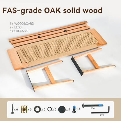 OOKSEN Entryway Bench, Solid Wood Dining Bench, 31.5" Wooden End of Bed Benches, Midcentury Modern Bedroom Benches Stool with Hand-Woven Rope for Kitchen Living Room Hallway