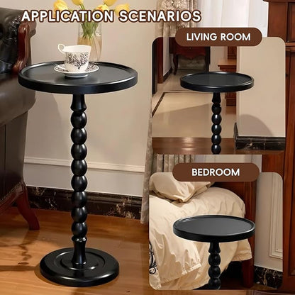 Small Accent Wood End Table, 12inch Round Bedside Table, Natural Side Table Nightstand for Family, Bedroom, Living Room, Handcrafted Finish, Black
