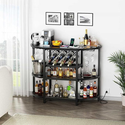 Zarler Bar Cart with Power Outlet Easy to Assemble, LED Home Bar Cabinet for Liquor, 47.3" L x 15.8" D x 36" H Metal Mini Bar Table with 4-Tier Storage, Black