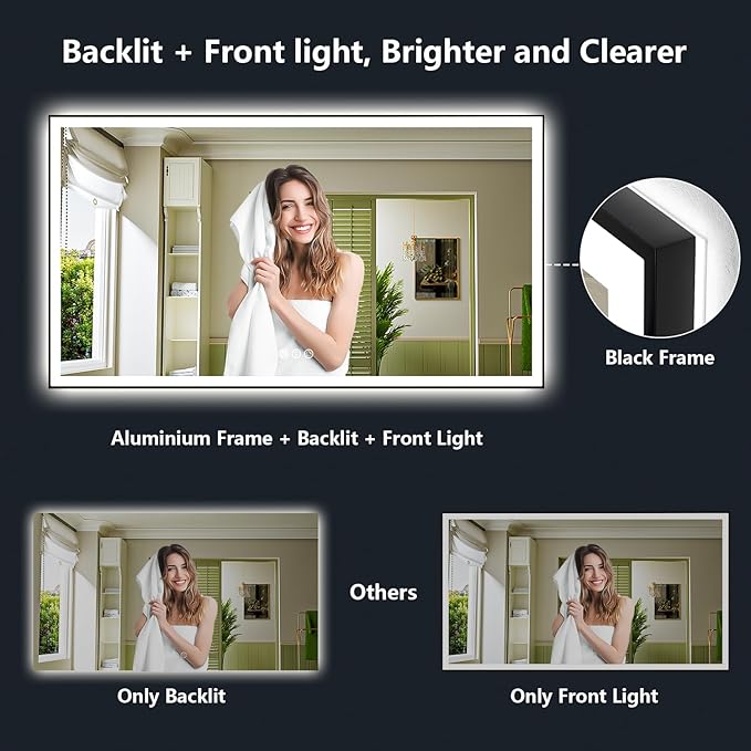 88x38 Inch LED Bathroom Mirror with Lights (Front Lit and Backlit) Black Framed Lighted Vanity Mirror for Bathroom Wall Dimmable Anti-Fog Memory Tempered Glass Horizontal/Vertical