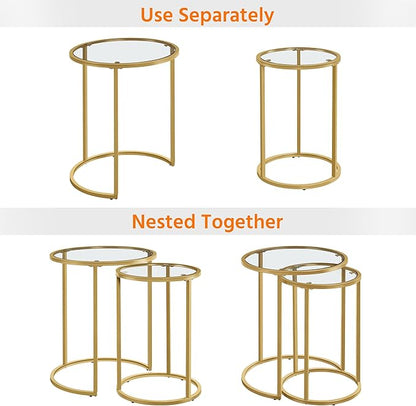 Yaheetech Round Nesting Side Table Stacking Coffee Table, Set of 2 Circular End Tables w/Metal Frame & Tempered Glass Top & Protective Foot Pads for Small Space Living Room Office, Mustard Gold