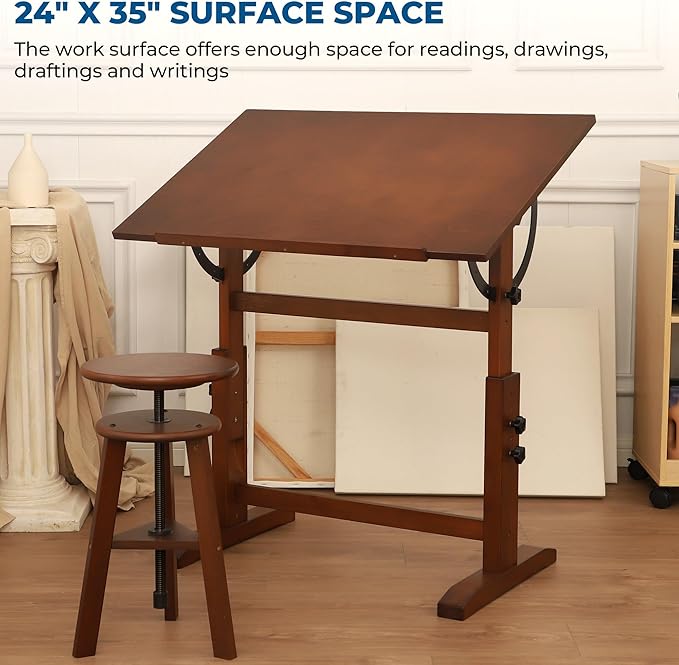 VISWIN Wood Drafting Table for Adults, 24'' x 35" Drawing Table with Adjustable Height & Angle for Art Studio, Solid Pine Wood Artist Desk for Drawing, Drafting, Writing, Reading, Sketching