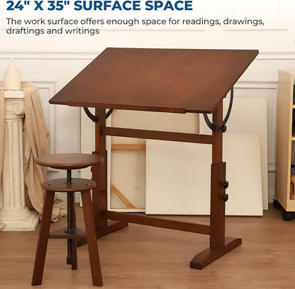 VISWIN Wood Drafting Table for Adults, 24'' x 35" Drawing Table with Adjustable Height & Angle for Art Studio, Solid Pine Wood Artist Desk for Drawing, Drafting, Writing, Reading, Sketching