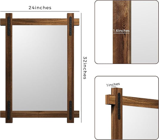 YOSHOOT Farmhouse Wood Bathroom Mirror, 32"x24" Rustic Wall Mirror, Round Corner Vanity Mirror for Decor, Vertical or Horizontal Hanging, Selected Wood, 100% Handmade