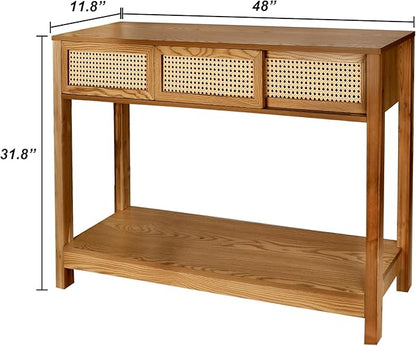 ZYBT Long Console Table, Rattan Entry Table, Console Tables for Entryway, Narrow Wood Console Table with Storage, Rustic Couch Table Hallway Table Brown Boho Sofa Table for Living Room