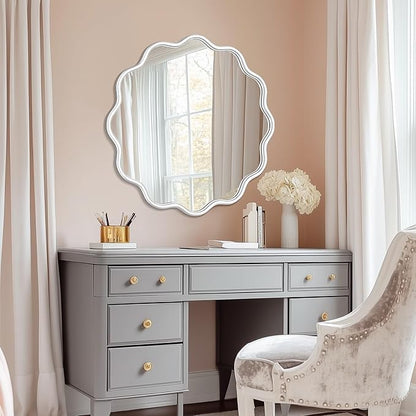 PROHOMEWARE White Round Mirror 28 Inch Wavy Bathroom Vanity Mirror White Frame Modern Wall Mirror Decorative Wall-Mounte Anti-Rust, Tempered Glass