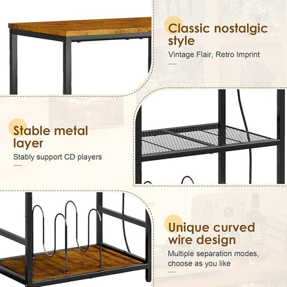 Record Player Stand with Storage, 4 Tier Turntable Stand with Vinyl Record Storage, Stereo Cabinet with Record Holder, Media Stand with Outlets for Entertainment Center