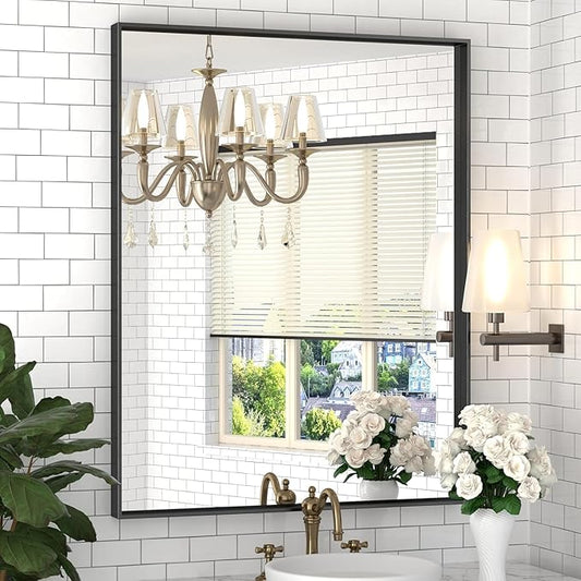 Brushed Metal Thick Frame Bathroom Mirror 20 x 30 Inch Metal Frame Black Rectangular Wall Mirror Matte Black Vanity Mirrors Square Corner, Modern Rectangle Mirrors(Horizontal/Vertical)