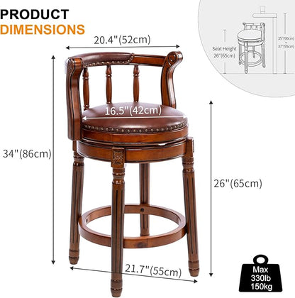 Cow top Leather Wooden Bar Stools, 360 Degree Swivel Bar Height Chair with Backs for Home Kitchen Counter, Morden Chair Barstools (Brown 1pc, Counter Height-Seat Height 26”)