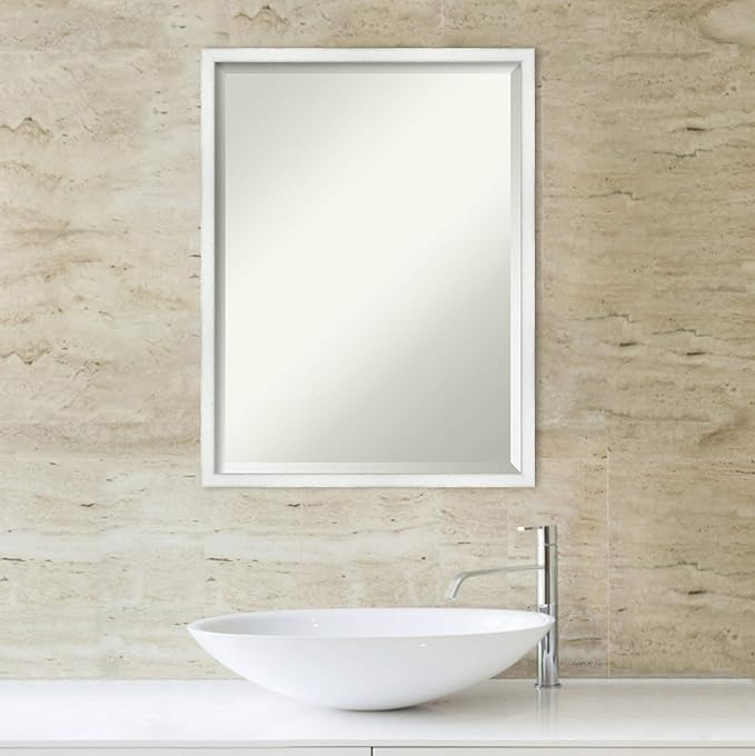 Amanti Art White Bathroom Mirror for Over Sink, 25x19 Breeze Distressed White Rectangle Vanity Mirror, Medium Country Rustic Wood Frame, Hangs Horizonally and Vertically, Bathroom Wall Decor, Beveled