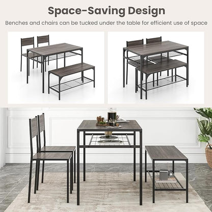Giantex Dining Table Set for 4, Kitchen Table with Chairs & Bench, Storage Racks, Metal Frame, 4-Piece Space-Saving Dinette Set for Dining Room, Breakfast Nook, Small Space, Apartment, Grey