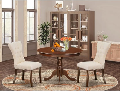 East West Furniture HLGA3-MAH-32 3 Piece Dining Room Table Set Contains a Round Dining Table with Pedestal and 2 Light Beige Linen Fabric Upholstered Chairs, 42x42 Inch, Mahogany