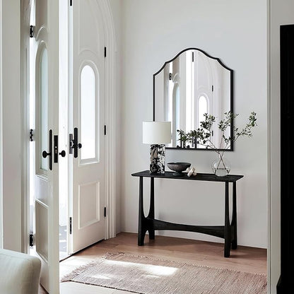 32"x30" Vanity Mirror for Wall, with Black Arched Decorative Metal Frame, Scalloped Entryway Mirror for Bedroom, Bathroom, Living Room