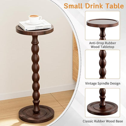 Solid Wood Drink Table, Rubber Wood‌ Small Round Side Table for Small Spaces, Martini Tables, Pedestal End Tables for Living Room, Bedroom, Corners, and Office (Dark Walnut, 9.4 inch)