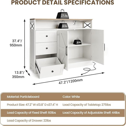 47inch Farmhouse Buffet Sideboard Cabinet, Wood Cupboard Storage Pantry Cabinet with Drawers, Coffee Bar Station Table for Kitchen Living Dining Room, White