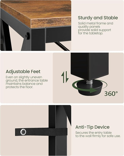 47.2" Console Table with Charging Station, 3-Tier Entryway Table, Industrial Sofa Desk, Hallway Desk with 2 AC Outlets and 2 USB Ports Metal Frame, Rustic Brown and Black TXG01UBF