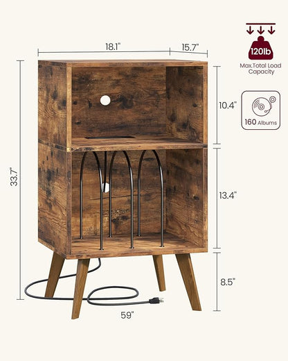 Record Player Stand, 3-Tier Side End Table with Charging Station, Turntable Stand Up to 160 Albums, Vinyl Storage Cabinet Dispaly Shelf for Living Room, Brown