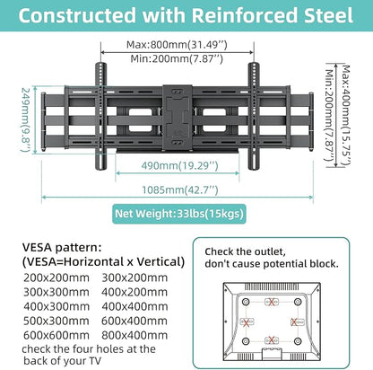 Heavy Duty TV Wall Mount for 42-90" TVs, 4X Load Tested Holds 179lbs, 40.9" Smooth Gliding Extension Arms, Full Motion Swivel & Tilt, VESA 800x400, Fits 16-18" Studs