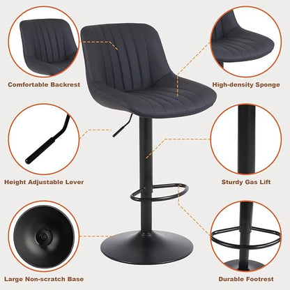 Bar Stools Set of 4, Swivel Counter Height Barstools with Back, Adjustable PU Leather Bar Chairs, Modern Armless Kitchen Island Stool, Black