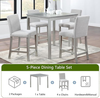 KEIKI 5-Piece Counter Height Dining Table Set with Square Table and 4 Upholstered Chair, for 4 Person, Classic Crystal Decoration Wooden Table Set, Easy Assembly, for Kitchen, Dining Room, Silver Grey