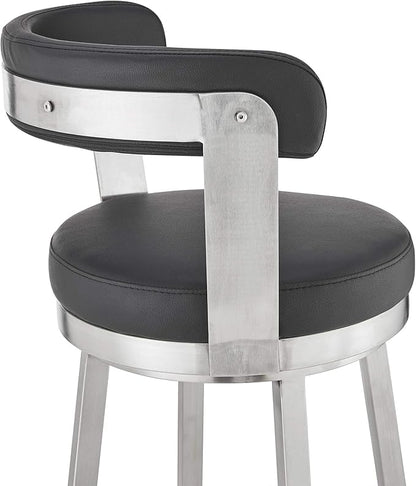 Armen Living Bryant Modern 26" Seat Height Black Faux Leather and Brushed Stainless Steel Metal Swivel Bar Stool for Kitchen Island Counter