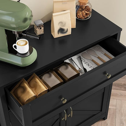 Buffet Sideboard with 2 Barn Doors,Black Kitchen Cabinet with Adjustable Shelf, Freestanding Floor Storage Cabinet