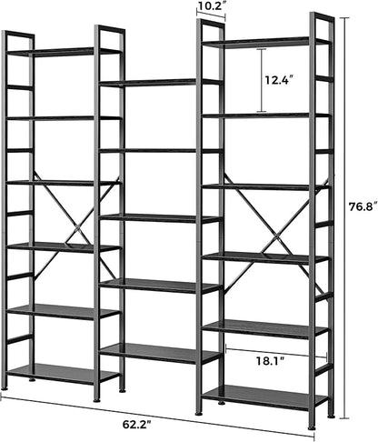 SUPERJARE Triple 6 Tier Bookshelf, Bookcase with 17 Open Display Shelves, Wide Book Shelf Book Case for Home & Office, Black
