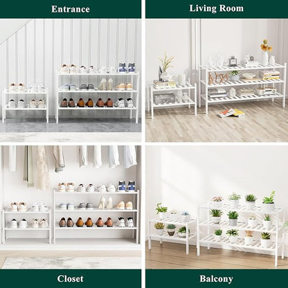 Smiry Shoe Rack, 3 Tier Long Bamboo Shoe Organizer, Stackable Free Standing Wooden Shoe Storage Shelf for Closet, Entryway, Front Door Entrance, White