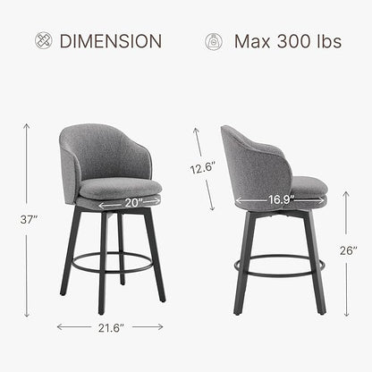 Counter Height Barstools 26 inch Upholstered Swivel Bar Stools with Back and Wood Legs for Kitchen Island,Set of 1,Dark Grey Fabric