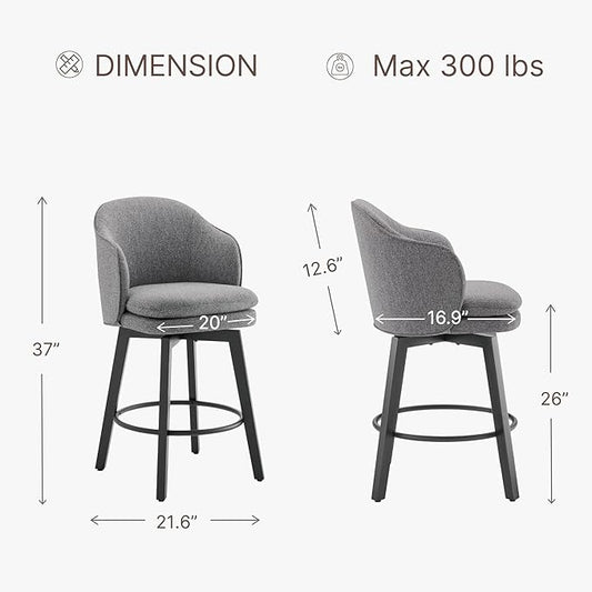 Counter Height Barstools 26 inch Upholstered Swivel Bar Stools with Back and Wood Legs for Kitchen Island,Set of 2,Dark Grey Fabric