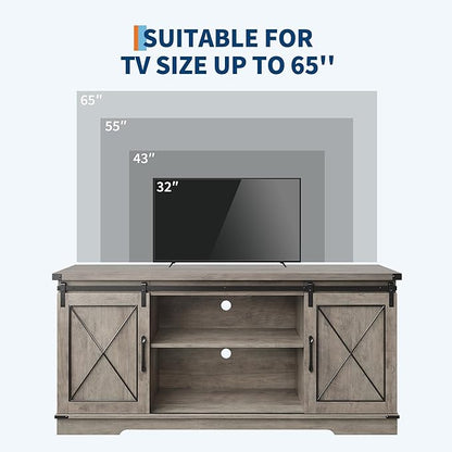 Farmhouse 59" TV Stand Up to 65 Inches, Mid Century Modern TV Entertainment Center with Storage Cabinets & Open Shelves, Wood TV Cabinet for Living Room, Grey