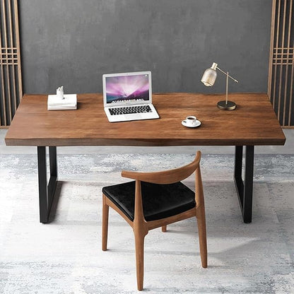 Modern Minimalist Solid Wood Office Desk with Metal Base Easy to Assemble Durable Writing Table Dining Table Computer Desk Multiple Ideal for Living Room and Dining Room (63inch)