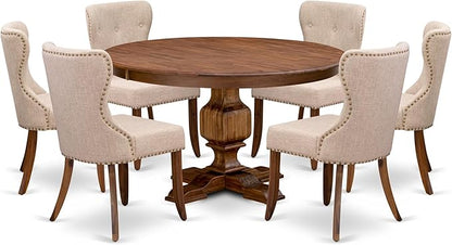 F3SI7-50N-04 7-Pc Kitchen Table Set consists of a Pedestal Table and 6 Light Tan Polyester Padded Chairs with Button Tufted- Antique Walnut