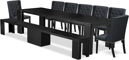 X07FO-B06-24 - 9-piece Dining Room Table Set a Rectangular Dining Table and a wooden Bench and 7 Black Linen Fabric Kitchen Chair, 39x120 Inch, Wire Brushed Black