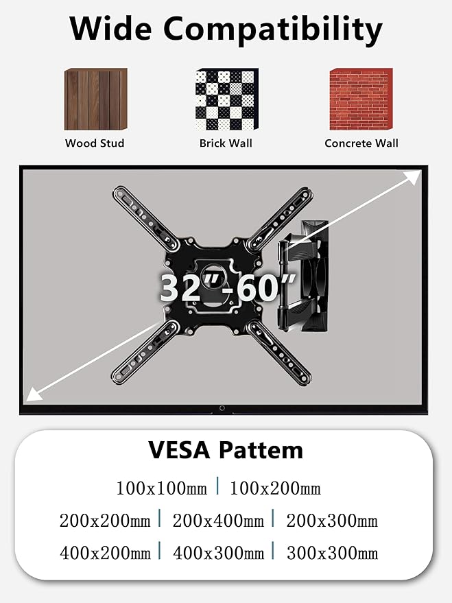 Full Motion Wall Mount for 32-60 Inch Screens, Swivel, Tilt & Extend, Articulating Mount Bracket for LED LCD OLED 4K Displays Up to 77 lbs, VESA 400x400, Space-Saving Adjustable Wall Mount