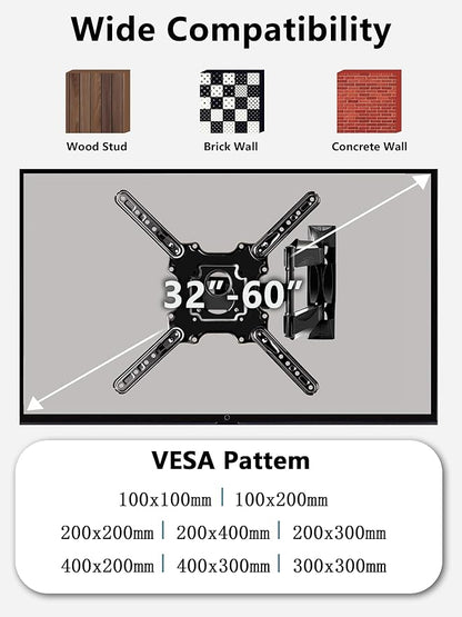 Full Motion Wall Mount for 32-60 Inch Screens, Swivel, Tilt & Extend, Articulating Mount Bracket for LED LCD OLED 4K Displays Up to 77 lbs, VESA 400x400, Space-Saving Adjustable Wall Mount
